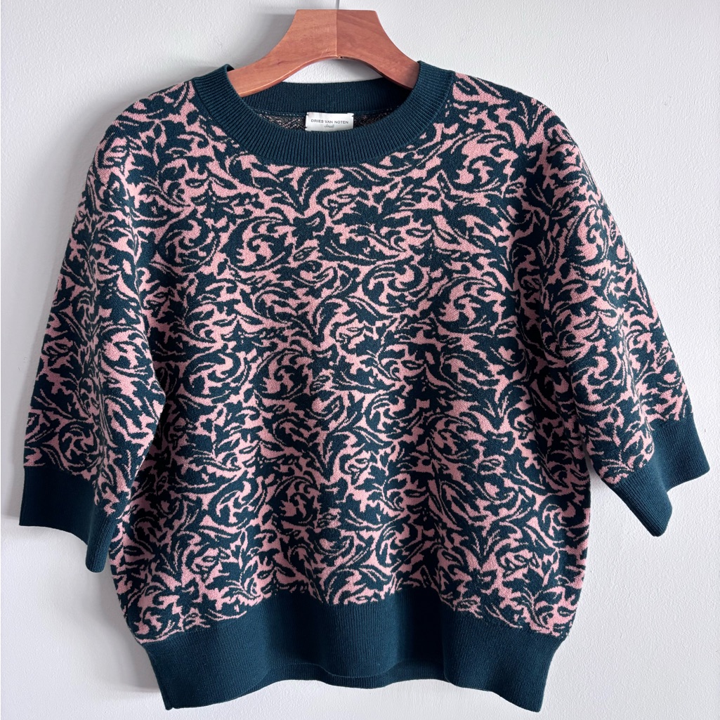 Dries Van Noten Jacquard Knit Sweater, Dark Green And Pink/Salmon Swirl, Small